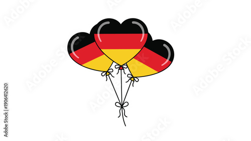 Group of three heart-shaped balloons decorated with the German flag pattern on a white background for national celebrations.