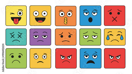 Large grid of fifteen colorful square emoji faces with diverse expressions ranging from happy to angry for mood and social media.