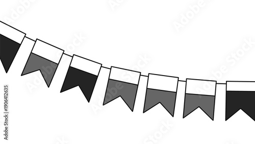 Simple black and grey bunting flags hanging on a string create a festive minimalist decoration for various celebration themes.