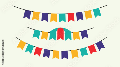 Three rows of colorful square bunting flags in blue, orange, red, and yellow tones provide a cheerful background for party designs.