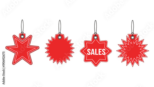 Group of four bright red sales tags featuring different star and burst shapes with one labeled sales for retail promotion designs.