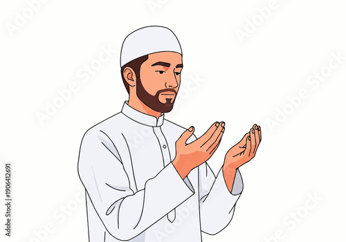Vector flat design illustration of a man in a white robe and cap with hands raised in prayer against a clean white background.
