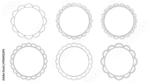 Collection of six circular frames featuring scalloped edges and various dotted line patterns for simple and clean designs.