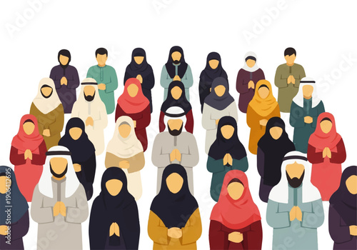 Vector flat design illustration of a diverse group of people in traditional attire with hands clasped in prayer, against a clean white background.