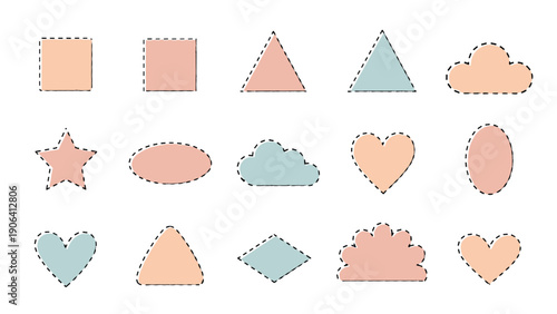 Grid of pastel-colored shapes with stitched outlines including hearts, clouds, and stars for a soft and crafty graphic design project.