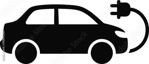 Black silhouette of an electric car with a charging plug for eco friendly transportation concepts
