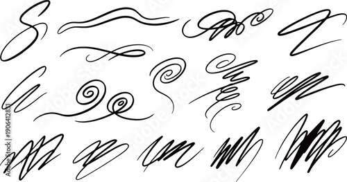 A collection of various hand-drawn black abstract lines, swirls, squiggles, and decorative flourishes on a white background, useful for graphic design elements.