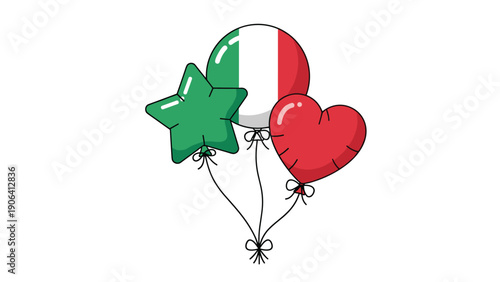 Cluster of three festive balloons featuring a green star, a circular Italian flag, and a red heart is shown tied together with strings in flat style.