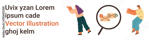 Email marketing, teamwork, analytics, digital communication, business solutions, data search. A magnifying glass over email icons and animated people. Email marketing and teamwork concept