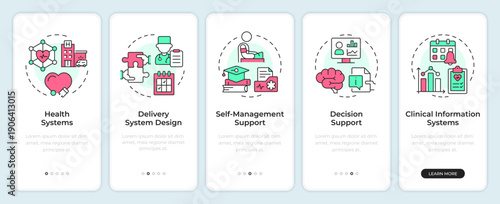 Components of the chronic care model onboarding mobile app screen. Walkthrough 5 steps editable graphic instructions with linear concepts. UI, UX, GUI. Montserrat SemiBold, Regular fonts used
