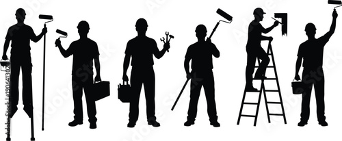 Vector Illustration Set of Professional House Painter Silhouettes with Rollers Ladders and Tools for Construction Home Renovation Service Branding and Graphic Design Projects