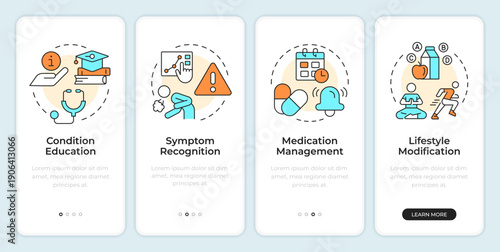 Patient self management pillars onboarding mobile app screen. Walkthrough 4 steps editable graphic instructions with linear concepts. UI, UX, GUI. Montserrat SemiBold, Regular fonts used