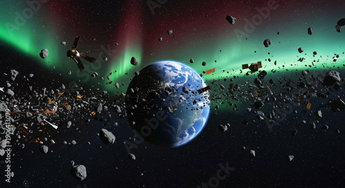 Earth surrounded by space debris and satellites with aurora borealis in the background. Space junk problem and orbit pollution for environmental concept.