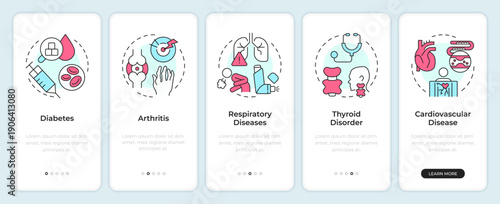 Chronic diseases onboarding mobile app screen. Health disorders. Walkthrough 5 steps editable graphic instructions with linear concepts. UI, UX, GUI. Montserrat SemiBold, Regular fonts used