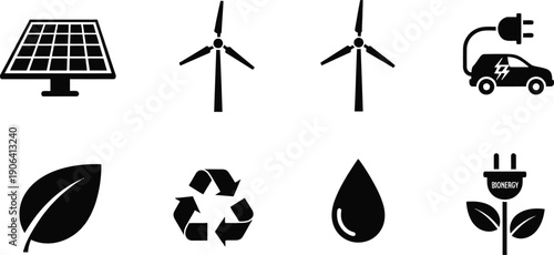 Eco friendly icons including solar panel and wind turbines for sustainable energy