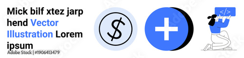 Finance, healthcare, programming, web development, coding, technology. Circular dollar and plus sign icons, person holding code illustration. Finance and healthcare concepts visually