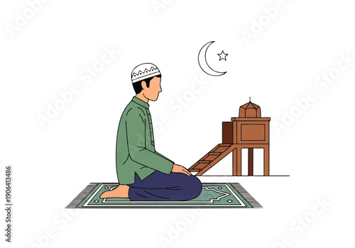 Vector flat design illustration of a man praying on a rug with a crescent moon and star above a mosque.