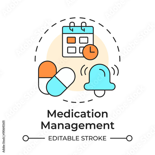 Medication management multi color concept icon. Pill reminders, treatment schedule. Round shape line illustration. Abstract idea. Graphic design. Easy to use in presentation, booklet