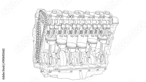 Inline 6 Cylinder Engine Cutaway Line Art Engineering Technical Drawing on White Background