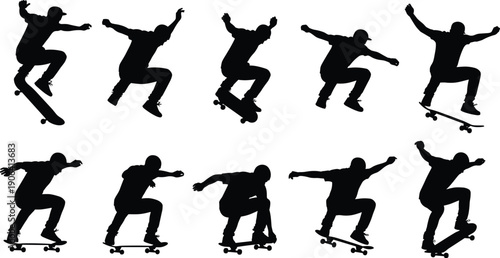 Vector Illustration Set of Skateboarder Silhouettes Performing Action Tricks for Urban Sports Lifestyle Fitness Youth Culture Fun and Professional Athletic Graphic Designs