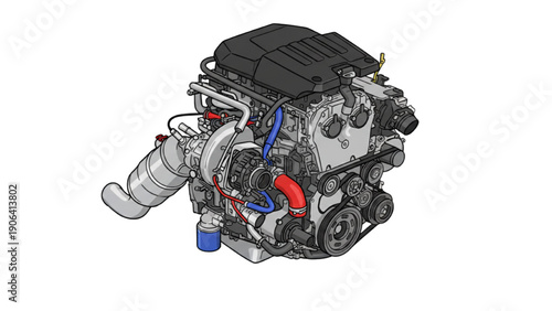 Inline 4 Cylinder Engine Automotive Technical Illustration on White Background