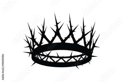 A stark black silhouette of a thorny crown on a white background creating a striking visual symbol