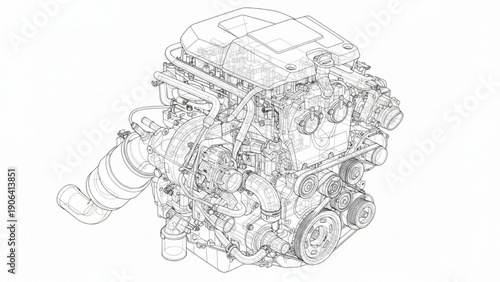 Inline 4 Cylinder Engine Wireframe CAD Engineering Technical Drawing on White Background
