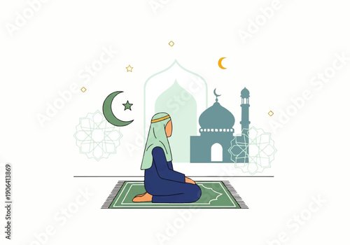 Vector flat design illustration of a woman praying on a green mat in front of a mosque with a crescent moon and stars, in a serene and peaceful atmosphere.