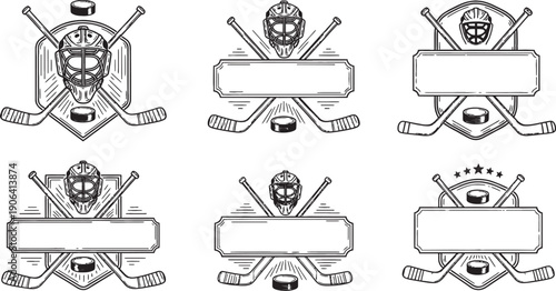 Six black and white hockey emblems with goalie masks, crossed sticks, and pucks, featuring blank banners for custom text.