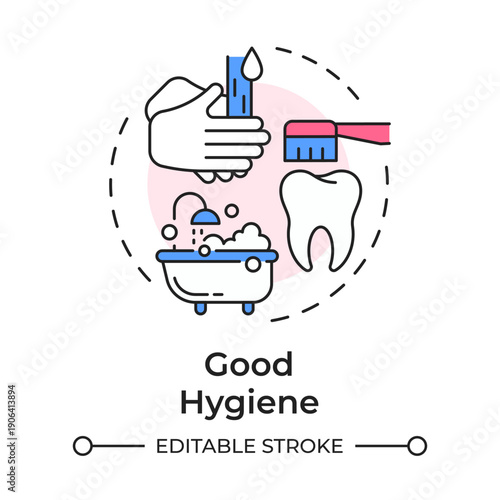 Good hygiene multi color concept icon. Selfcare routines, washing hands. Brushing teeth. Round shape line illustration. Abstract idea. Graphic design. Easy to use in presentation, booklet