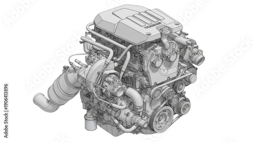 Inline 4 Cylinder Engine CAD Engineering Technical Illustration on White Background