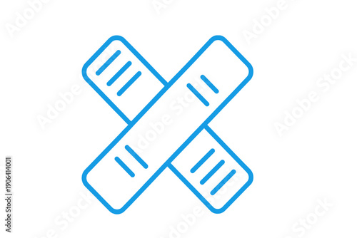 Minimalist blue line icon of two crossed adhesive bandages for first aid and medical care
