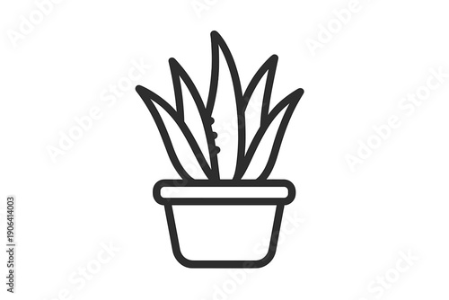 Minimalist black outline drawing of a potted houseplant with spiky leaves isolated on white