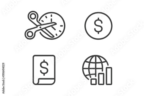 Financial management symbols for time saving, currency, invoice, and global market growth