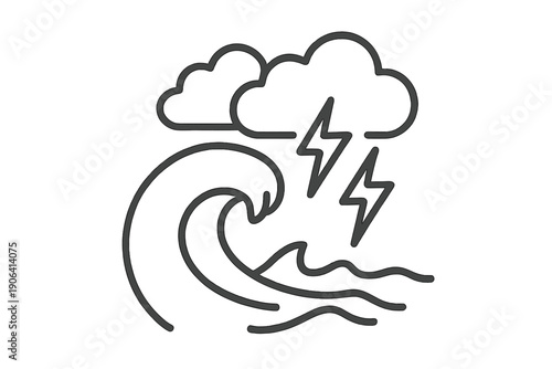 Powerful natural disaster scene showing a huge tidal wave and severe lightning storm under dark ominous clouds