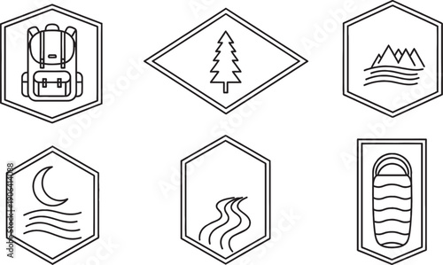 Six minimalist outline icons representing outdoor adventure and camping elements like a backpack, tree, mountains, moon, river, and sleeping bag.