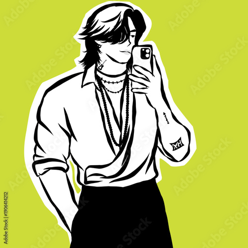 Stylish Young Man in White Shirt Taking Mirror Selfie with Smartphone Illustration