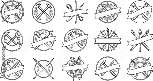 A collection of black and white line art emblems featuring various crossed tools like hammers, paintbrushes, and scissors, set within circular frames with blank banners.