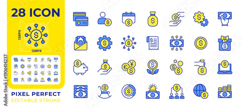 Income and salary pixel perfect line color icons set. Money assets management. Financial abundance. Profit control. Vector illustrations. Simple flat colorful symbols collection. Editable stroke