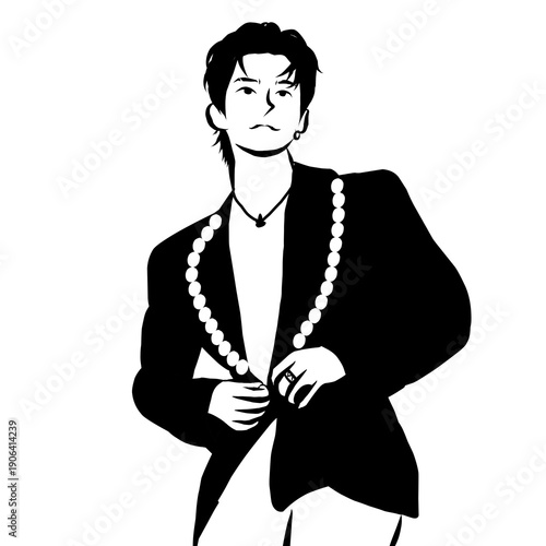 High fashion man wearing black suit jacket and pearl necklace accessory