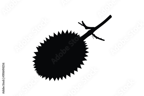 A unique durian fruit with its distinctive thorny skin and a short stem captured in a simple silhouette