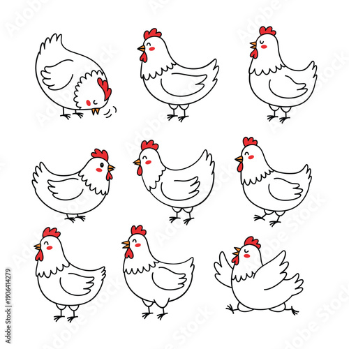 Nine Hand Drawn Cartoon Chickens With Red Combs And Orange Beaks In Various Poses handdrawn poultry farm