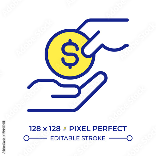 Cash payment pixel perfect line color icon. Hand giving coin. Financial aid. Money transaction. Poor supporting. Isolated vector illustration. Flat colorful symbol design. Editable stroke