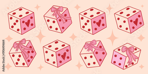 Pink dice and gift boxes with bows arranged on a pastel background