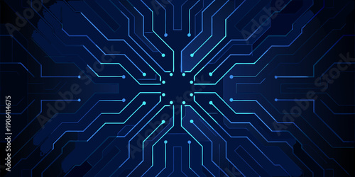 Abstract digital circuit board with glowing blue lines and central node