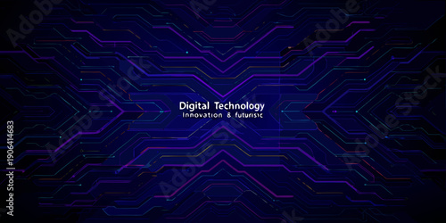 Abstract digital technology background with glowing neon circuit patterns
