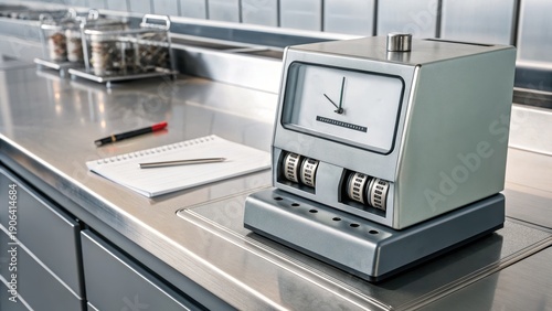 Fixed cost time clock sits on stainless steel counter in industrial setting. retro design adds nostalgic touch