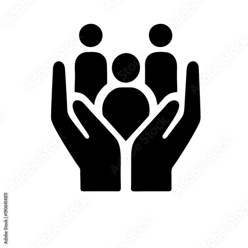 Caring hands holding a group of people icon for community support and inclusion.