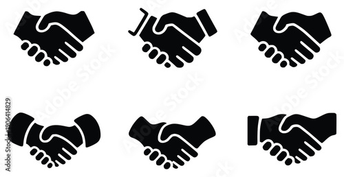 Handshake icon set: A set of six monochrome handshake icons in a row, symbolizing agreement and partnership. Each icon has a unique design of a handshake.