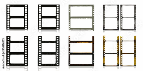 Collection of vintage filmstrips and photographic film frames displayed on white